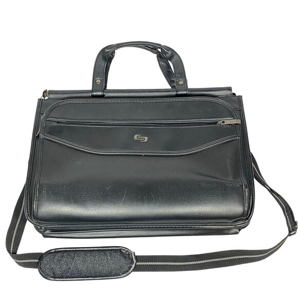 Solo New York Black Leather Laptop Bag Briefcase 15.5" Computer MacBook Strap - Picture 1 of 16